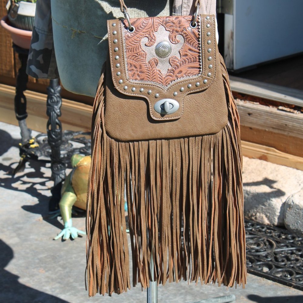 GORGEOUS Bandana by American West Tooled Studded With Concho & LONG Fringed Bag